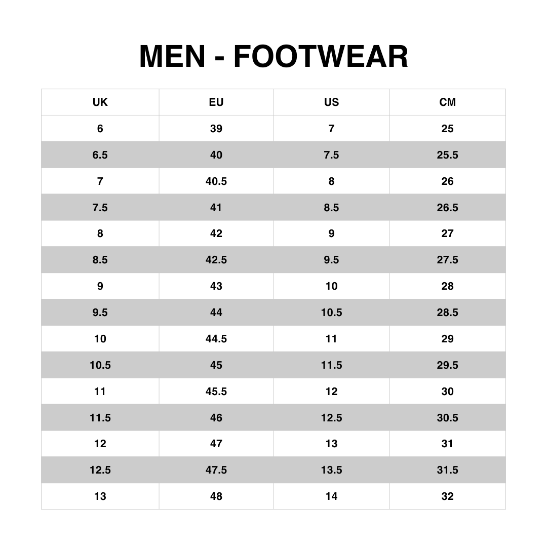 Men Footwear Size Chart