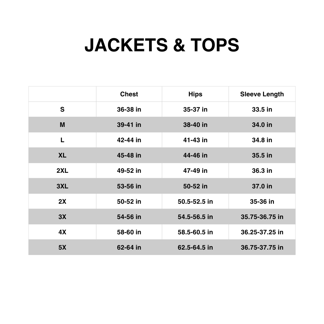 Men Jackets Size Chart