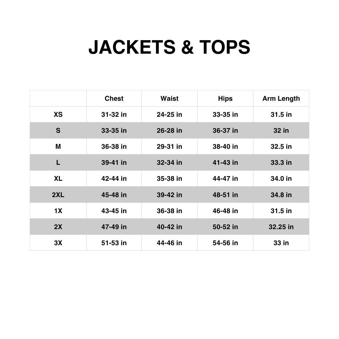 Women Jackets Size Chart